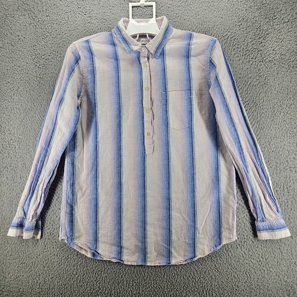 GAP Tops - Gap Shirt Women Size Medium Linen Blend 1/2 Button Blue Pink White Striped‎ - M